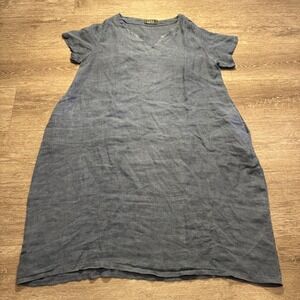 Saga Dress Womens L Blue 100% Linen Coastal Vacation Italy V Neck Beach Flowy